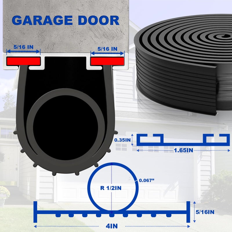 DGSL Garage Door Seals Bottom Rubber Weather Stripping Kit Seal Strip Replacement, Universal Weatherproof Threshold Buffering Sealing Rubber 5/16 Inch T Ends (20 Ft, Black) - Image 3